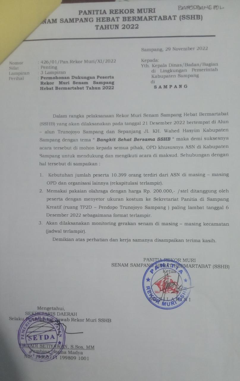 Pemkab Sampang Minta Sumbangan Rp2 M kepada ASN untuk Ambisi Cetak Rekor Muri Senam