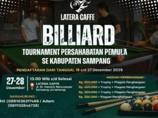 Caption Foto: Suasana Turnamen Billiard 9 Ball Pool tingkat pemula se-Kabupaten Sampang yang digelar di Latera Caffe, Sabtu (27/12/2025), sebagai ajang penjaringan atlet biliar potensial.