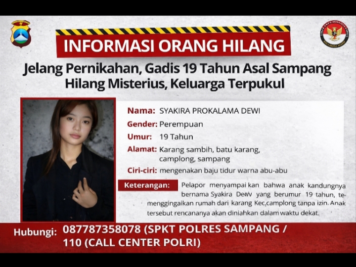 Caption Foto: Foto Syakira Prokalama Dewi (19), warga Camplong, Sampang, yang dilaporkan hilang setelah meninggalkan rumah tanpa pamit pada Rabu (25/3/2026). Hingga kini, pihak keluarga dan kepolisian masih melakukan pencarian.