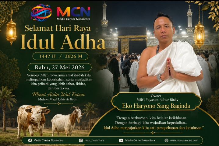Caption Foto: Owner Yayasan MBG Babur Rizky, Eko Haryono Sang Baginda, bersama segenap jajaran menyampaikan ucapan Selamat Hari Raya Idul Adha 1447 H kepada seluruh masyarakat, Rabu (27/05/2026).