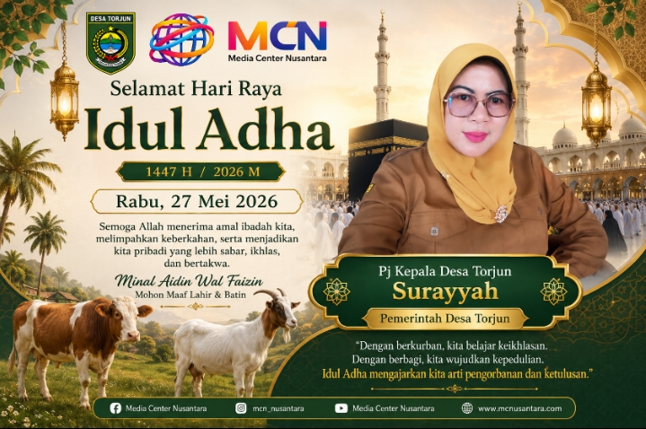 Caption Foto: PJ Kepala Desa Torjun, Surayyah, bersama Pemerintah Desa Torjun menyampaikan ucapan Selamat Hari Raya Idul Adha 1447 H kepada seluruh masyarakat, Rabu (27/05/2026).
