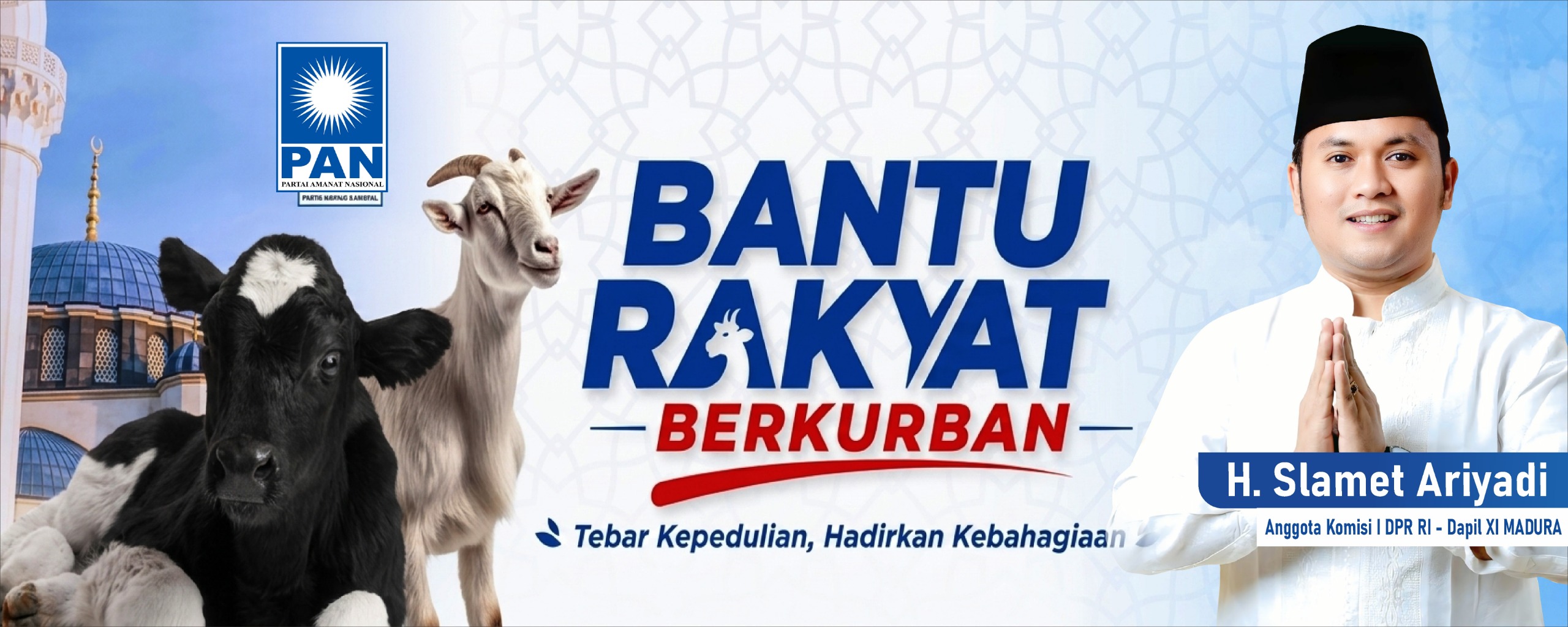 Caption Foto: Anggota DPR RI Fraksi PAN, Slamet Ariyadi, saat menyalurkan 45 ekor sapi kurban kepada masyarakat di berbagai wilayah Madura sebagai bentuk kepedulian sosial dan komitmen membantu warga kurang mampu menjelang Hari Raya Idul Adha 1447 Hijriah.
