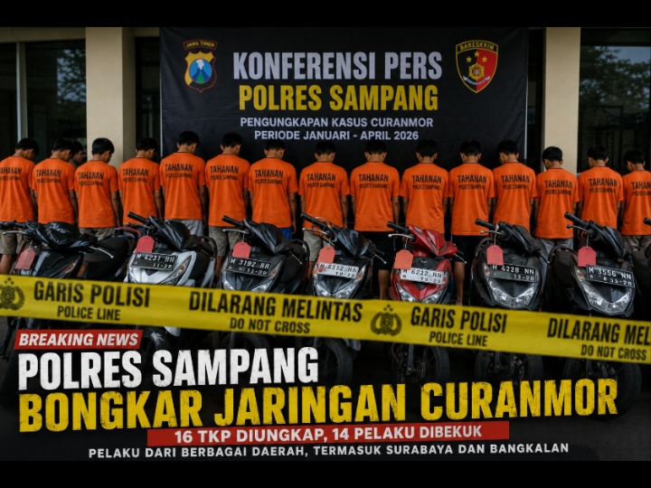 Caption Foto: Kapolres Sampang AKBP Hartono saat menunjukkan para tersangka kasus pencurian kendaraan bermotor (curanmor) yang berhasil diamankan Satreskrim Polres Sampang dalam pengungkapan kasus periode Januari–April 2026.