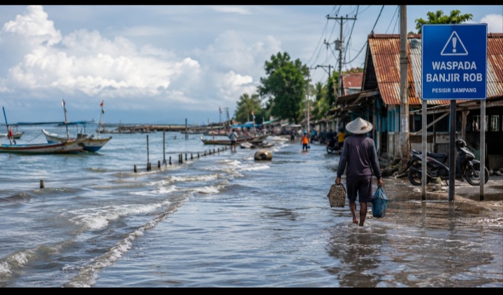 Caption Foto: Ilustrasi Ai. Aktivitas masyarakat di kawasan pesisir Kabupaten Sampang. Warga diminta meningkatkan kewaspadaan terhadap potensi pasang air laut tinggi atau banjir rob yang diperkirakan terjadi akibat fase Bulan Purnama pada akhir Mei 2026.
